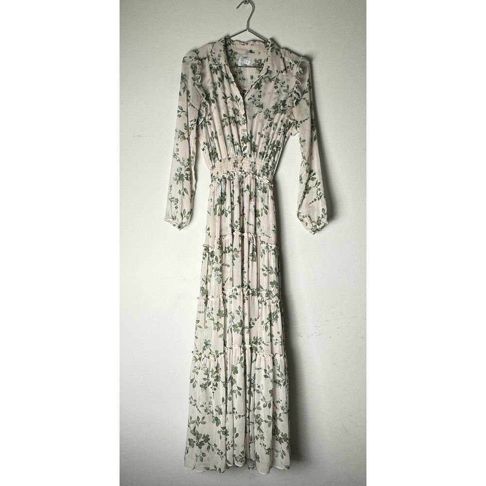 Misa Los Angeles Cream Floral Maxi Dress with Green Print